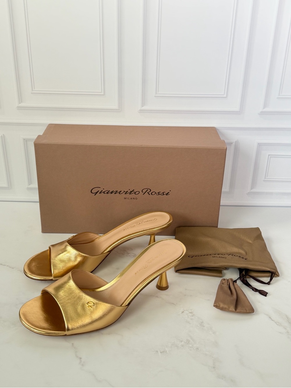 Gianvito Rossi Ascent Mule 55 Gold Metallic Leather Heels EU 37.5 NIB